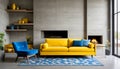 Loft home interior design of modern living room. Vibrant yellow sofa and blue lounge chair by fireplace in concrete tile wall with