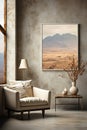 Loft interior in beige shades, abstract art painting in vintage style on the wall.