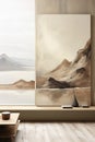 Loft interior in beige shades, abstract painting with a mountain landscape on the wall.