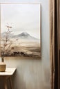 Loft interior in beige shades, abstract painting with a mountain landscape on the wall.