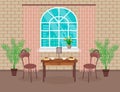 Loft interior design. Living room with brick wall, table, chairs, hot coffee and dessert, lamp, window with arch.