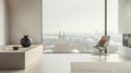 Loft interior design of minimal living room with a panoramic cityscape view a sleek chair, an elegant table with a vase and bowl, Royalty Free Stock Photo