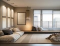 Loft interior design of minimal living room, zen-inspired Japanese minimalism low furniture with clean lines, tatami mats wall Royalty Free Stock Photo