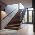 Loft interior design of a modern hallway with a staircase and an armchair near a marble (stone) wall with copy space Royalty Free Stock Photo