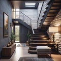 Loft interior design of a modern hallway with a staircase and an armchair near a marble (stone) wall with copy space Royalty Free Stock Photo