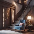 Loft interior design of a modern hallway with a staircase and an armchair near a marble (stone) wall with copy space Royalty Free Stock Photo