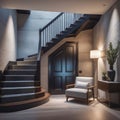 Loft interior design of a modern hallway with a staircase and an armchair near a marble (stone) wall with copy space Royalty Free Stock Photo