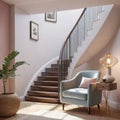 Loft interior design of a modern hallway with a staircase and an armchair near a marble (stone) wall with copy space Royalty Free Stock Photo