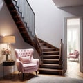 Loft interior design of a modern hallway with a staircase and an armchair near a marble (stone) wall with copy space Royalty Free Stock Photo