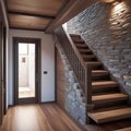 Loft interior design of a modern hallway with a staircase and an armchair near a marble (stone) wall with copy space Royalty Free Stock Photo