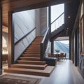 Loft interior design of a modern hallway with a staircase and an armchair near a marble (stone) wall with copy space Royalty Free Stock Photo