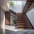 Loft interior design of a modern hallway with a staircase and an armchair near a marble (stone) wall with copy space Royalty Free Stock Photo