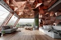 Loft interior design of modern living room with abstract geometrical copper ceiling. Created with generative AI