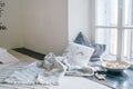 Loft interior design windowsill. Pillow plaid