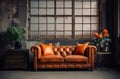 Loft interior. leather sofa. room in brown color. luxury livingroom