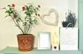 Paper bag with lavender flowers, rose plant in pot, picture frame on wooden shelf.