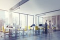 Loft open office with a wooden wall, side, men