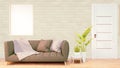 Mock up Loft room interior with gray sofa and plants on wooden floor and white brick wall background.3D rendering Royalty Free Stock Photo