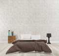 Loft style bedroom with white brick wall ,wooden floor, mock up Royalty Free Stock Photo