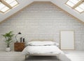 3D rendering Loft style bedroom with white brick wall ,wooden floor,tree,frame for mock up Royalty Free Stock Photo
