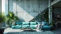 Loft-style interior with concrete, turquoise upholstered sofa and natural lighting