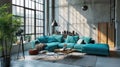 Loft-style interior with concrete, turquoise upholstered sofa and natural lighting