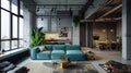 Loft-style interior with concrete, turquoise upholstered sofa and natural lighting
