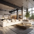 Loft style interior design of modern living room with white sofas