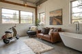 Loft style interior with modern living room and bath Royalty Free Stock Photo