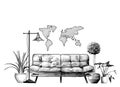 Loft style interior sofa flowers floor lamp and decorative map on the wall Royalty Free Stock Photo