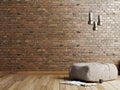 Loft style living room with beige fabric ottoman, stainless lamp and magazine on empty brick red wall background.