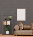 Loft style living room and black brick wall ,mock up frame  and copy space Royalty Free Stock Photo