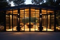 Pavilion with nature view. Steel frame, wood, glass doors. Black loft modern house. Generative AI