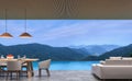 Loft style pool villa living and dining room with mountain view 3d rendering image