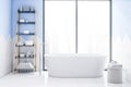 Loft white and blue bathroom interior with tub Royalty Free Stock Photo