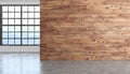 Loft wood empty room interior with concrete floor, window and brickwall.