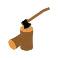 Log and axe isolated. Wooden billet and ax on white background