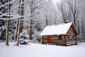 A log cabin, covered in a thick layer of snow, stands surrounded by trees in a wintry forest, A rustic cabin sitting peacefully in Royalty Free Stock Photo