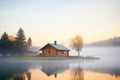 log cabin at dawn, mist over lake