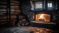 A Log Cabin With A Fire In The Fireplace And Logs