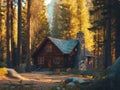 log cabin, forest setting, golden hour light, tranquil atmosphere Royalty Free Stock Photo