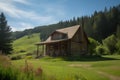 Log cabin in the heart of the valley surrounded by verdant green forests and rolling hills