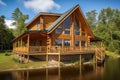 log cabin house with wrap around porch, overlooking lake