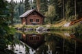 log cabin with lake view, surrounded by nature