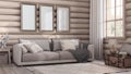 Log cabin living room in bleached wood and beige tones. Fabric sofa, carpet and windows. Frame mockup, farmhouse interior design