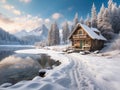 A log cabin near a lake surrounded by snow