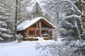 A log cabin nestled in a snowy landscape, with trees standing tall around it, A rustic log cabin nestled in a snowy forest, AI