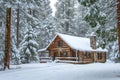 A log cabin nestled in the snowy woods, surrounded by trees and covered in a thick layer of snow, A rustic cabin sitting Royalty Free Stock Photo