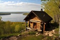 a log cabin perched on a bluff, with a view of the lake below