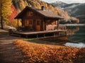 Log cabin perched on a dock overlooking a tranquil body of water, AI-generated.